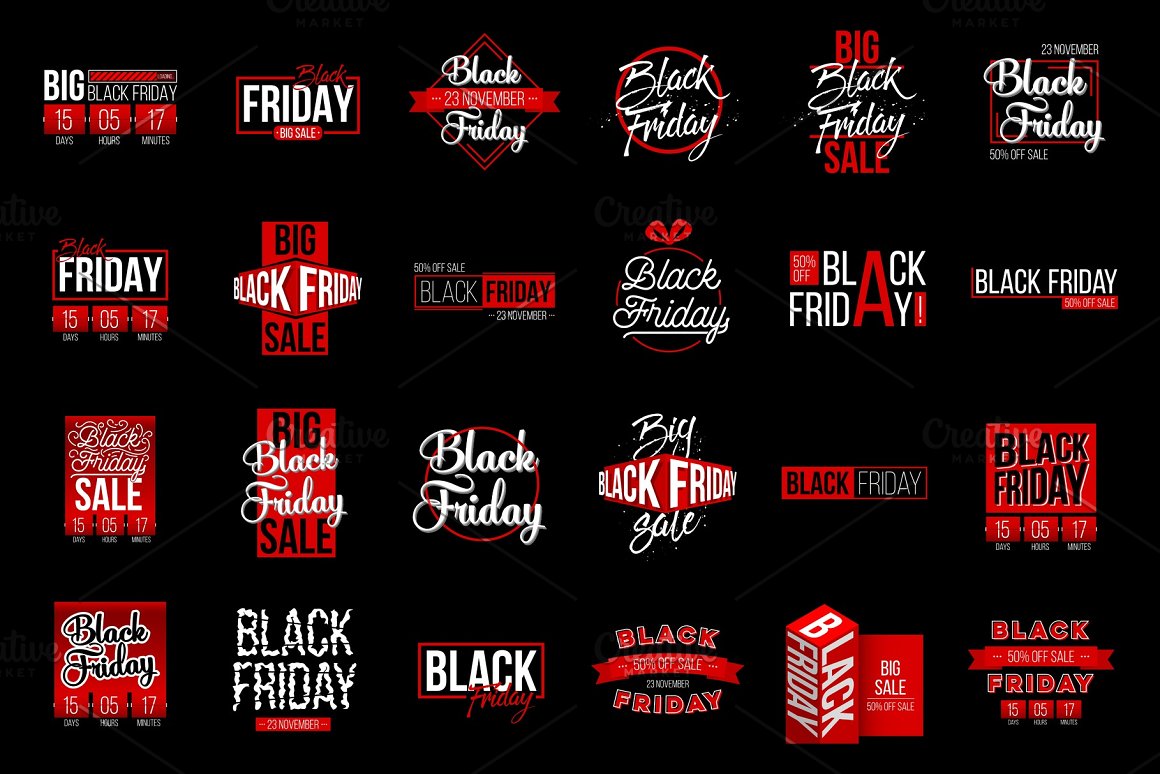 A set of different black friday sale lable tag on a black background.
