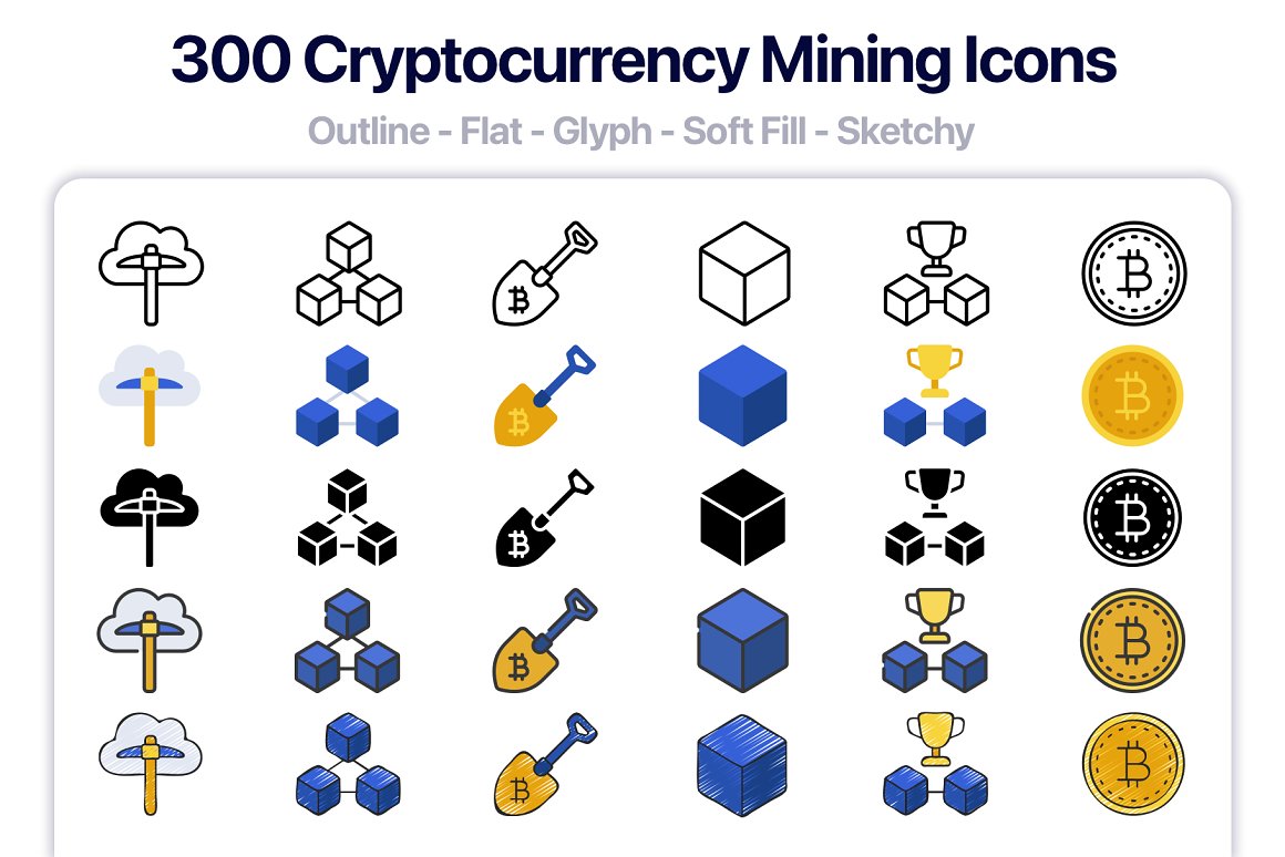 300 cryptocurrency mining icons on a white background.