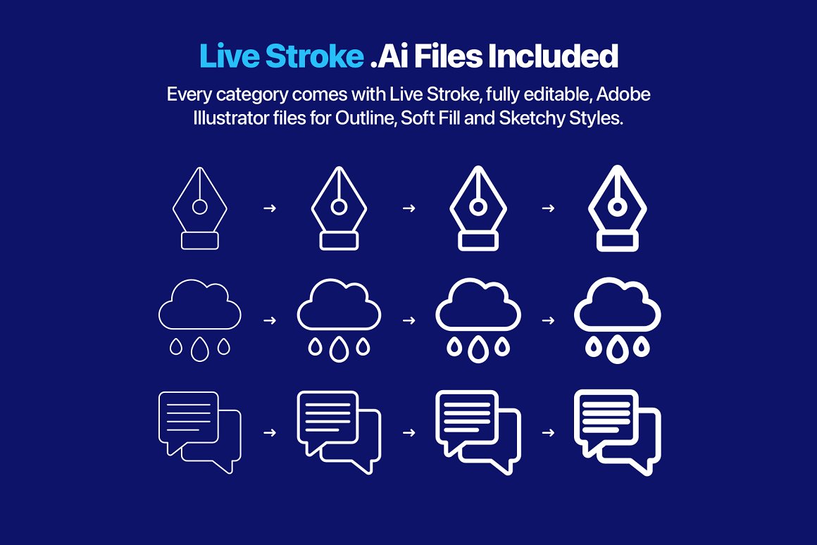 An example of "Live Stroke .Ai FIles Included" on a blue background.