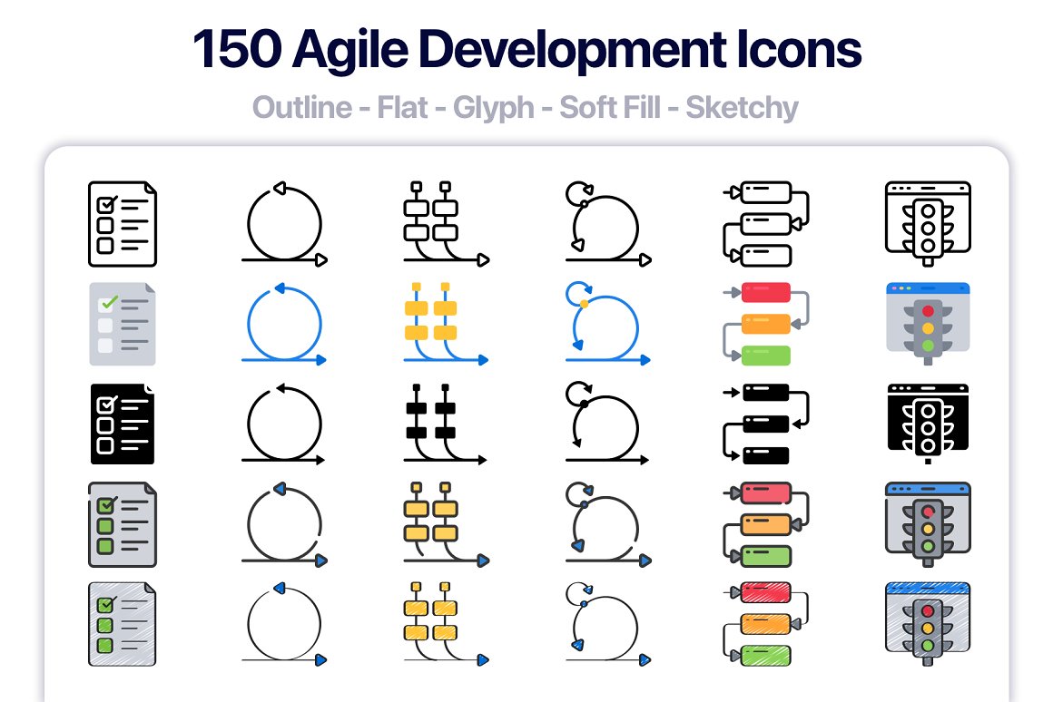 150 agile development icons on a white background.