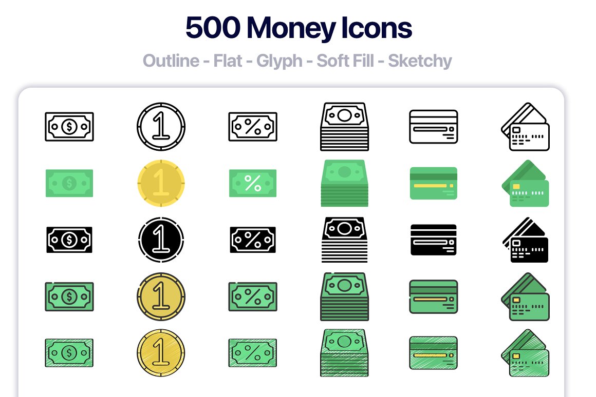 A set of 500 different money icons on a white background.