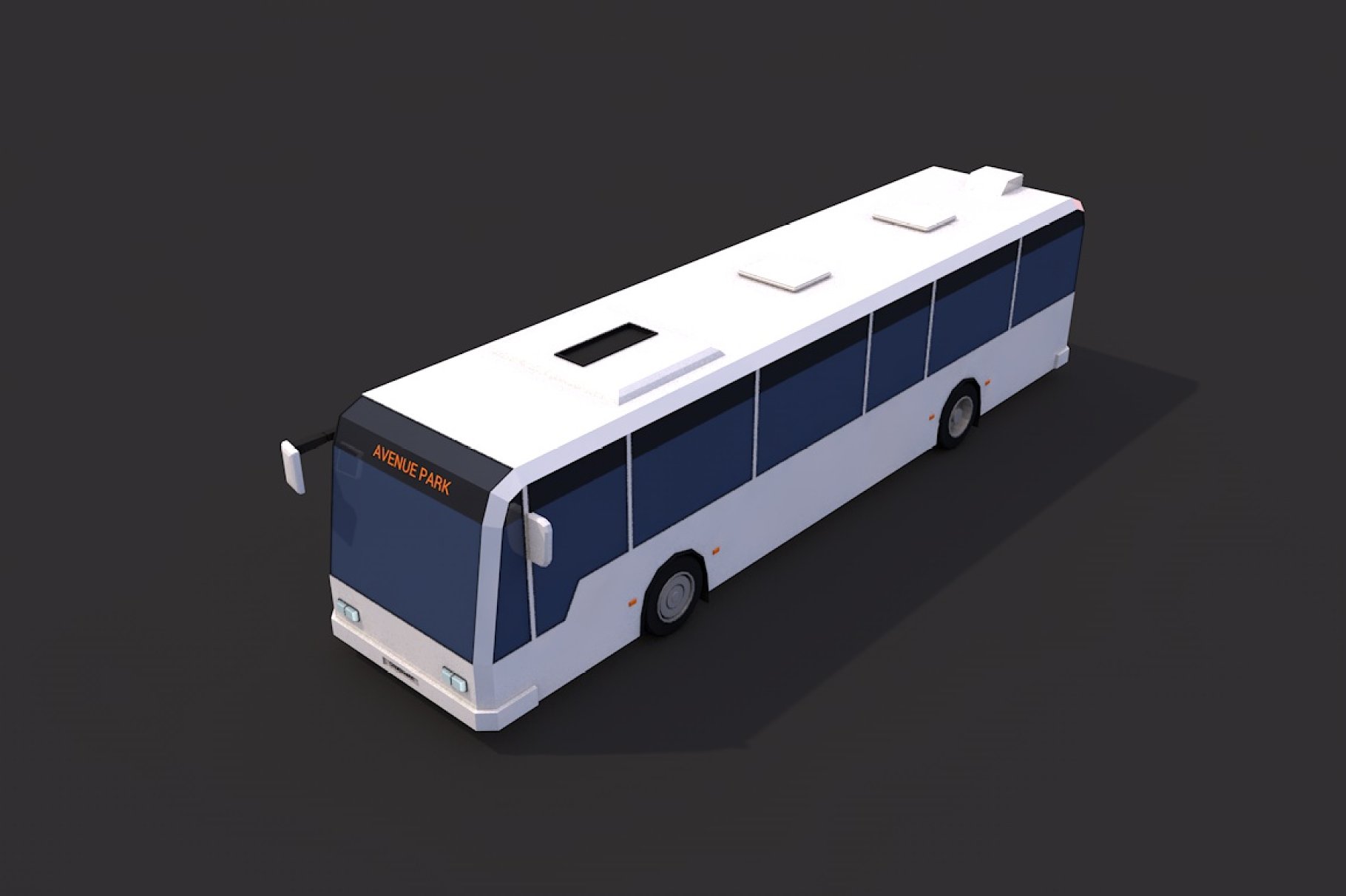 Front left mockup of low poly city bus on a dark gray background.