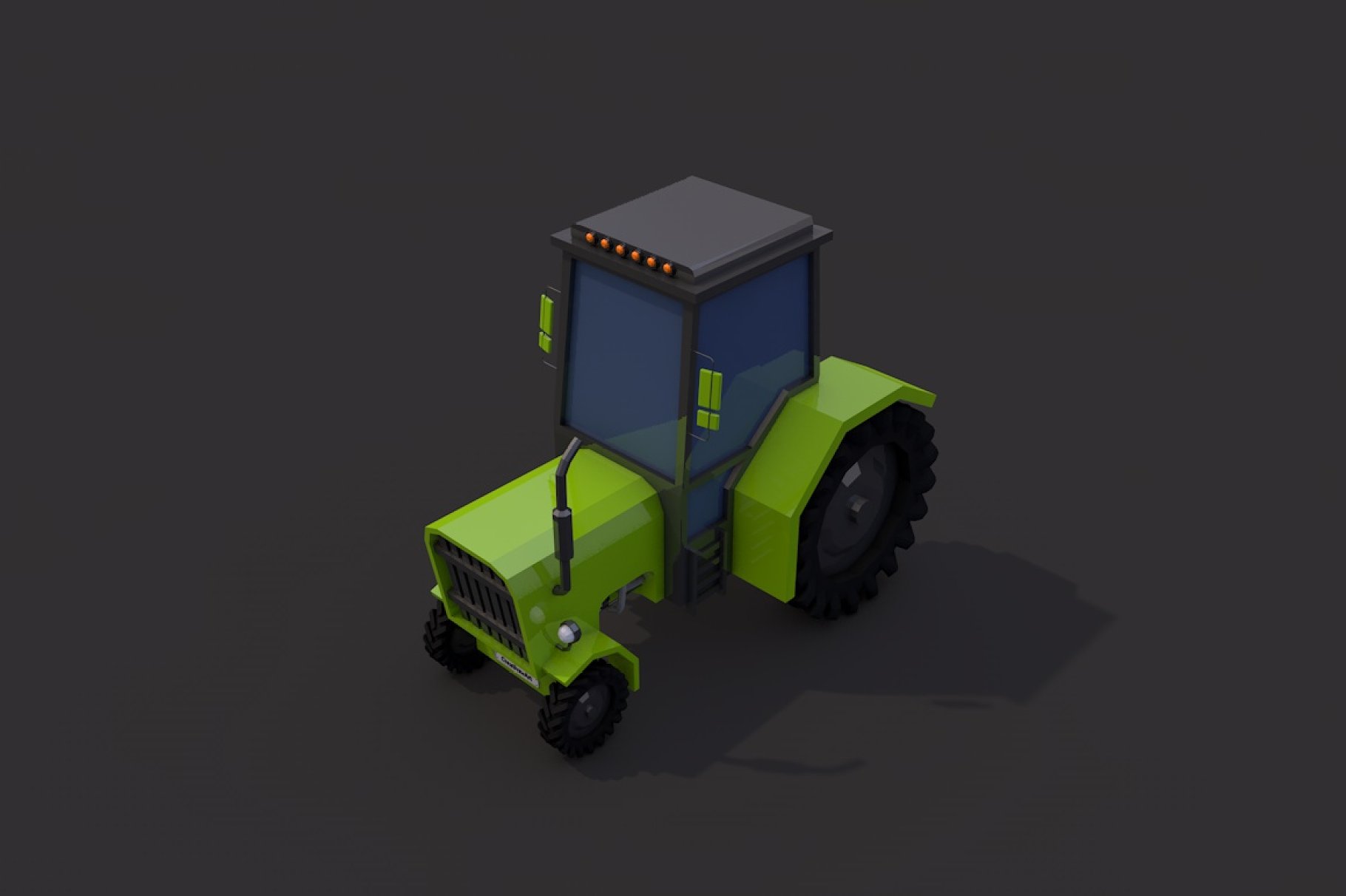 Front left mockup of low poly tractor.