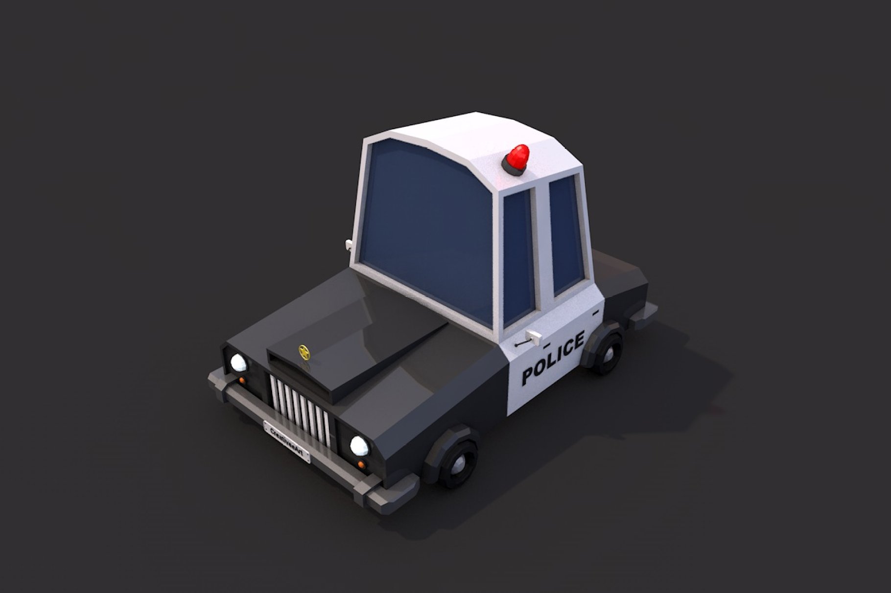 Front in left mockup of low poly police car on a dark gray background.