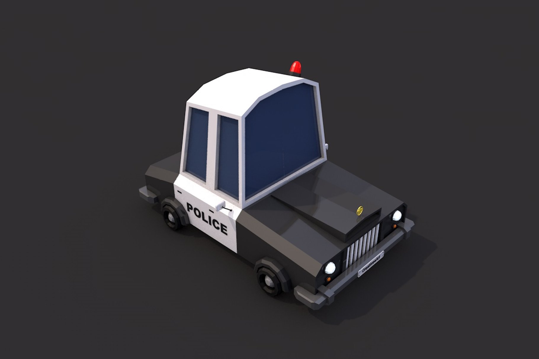 Low poly police car front mockup in right on a dark gray background.