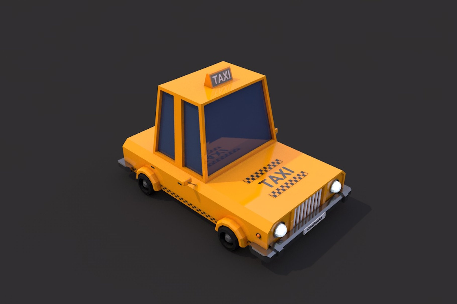 Low poly taxi car front right mockup on a dark gray background.