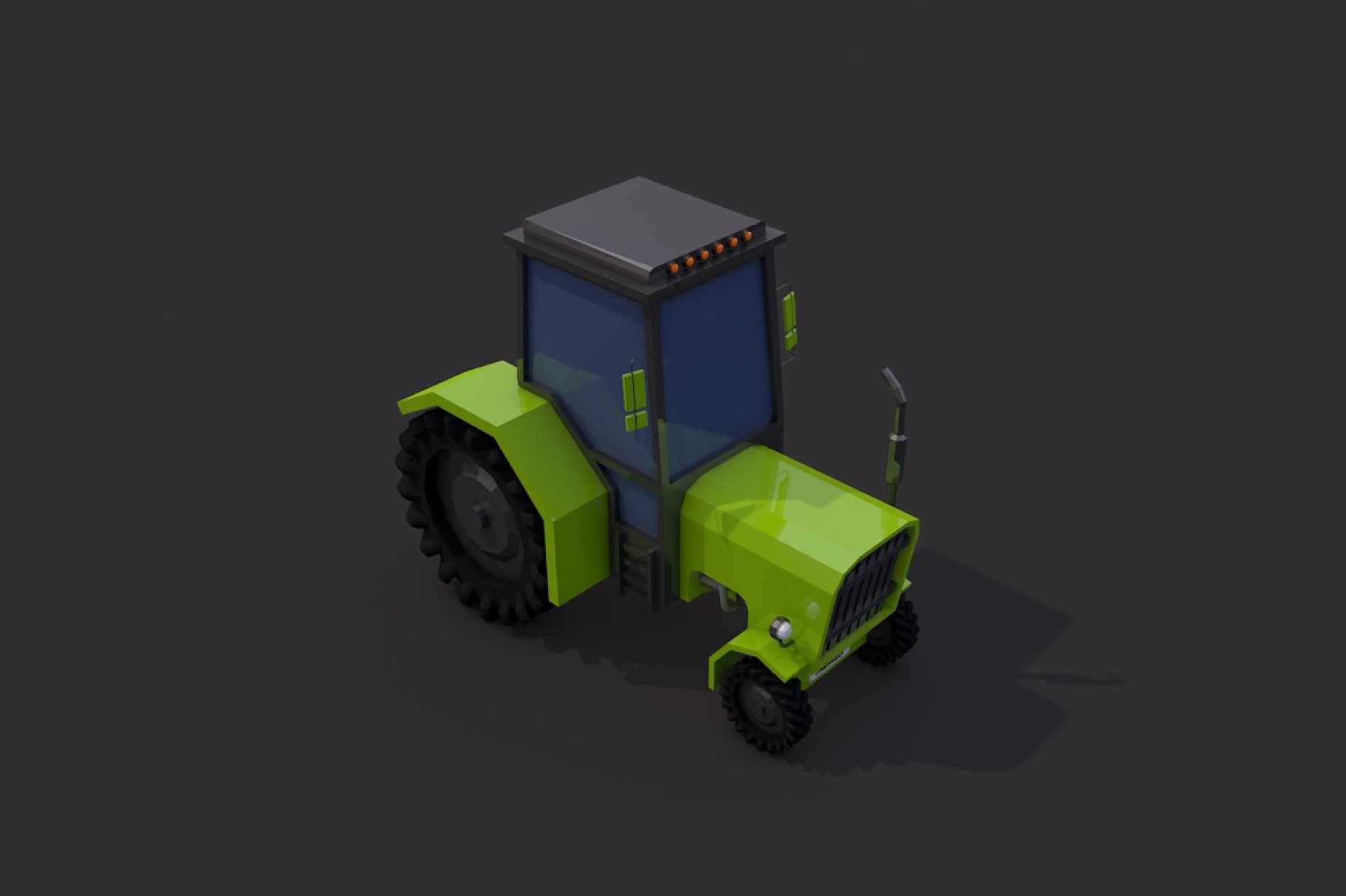 Low poly tractor front right mockup on a dark gray background.