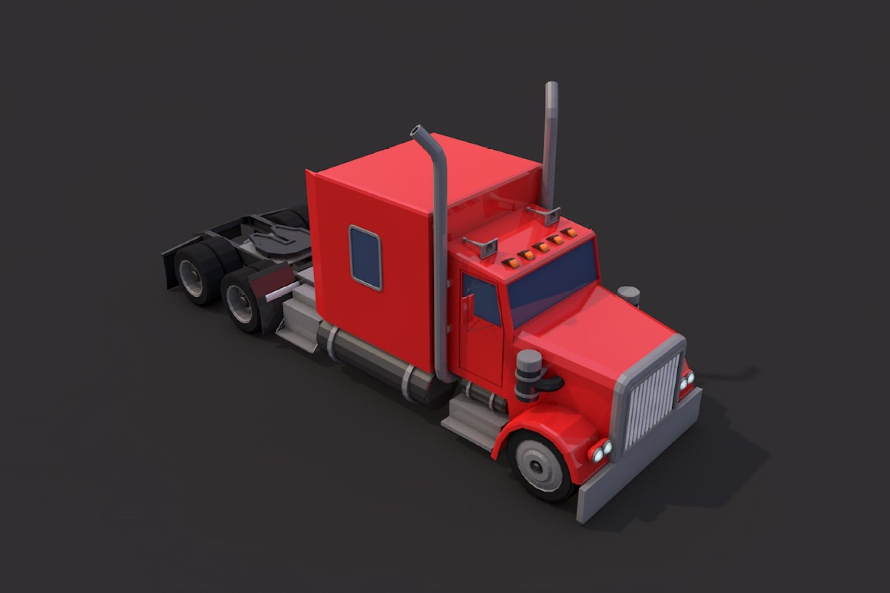 Low poly american heavy truck front right mockup on a dark gray background.