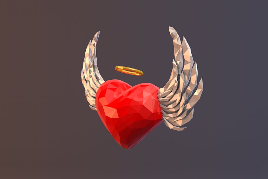 Red low poly angel heart mockup on a dark gray background.