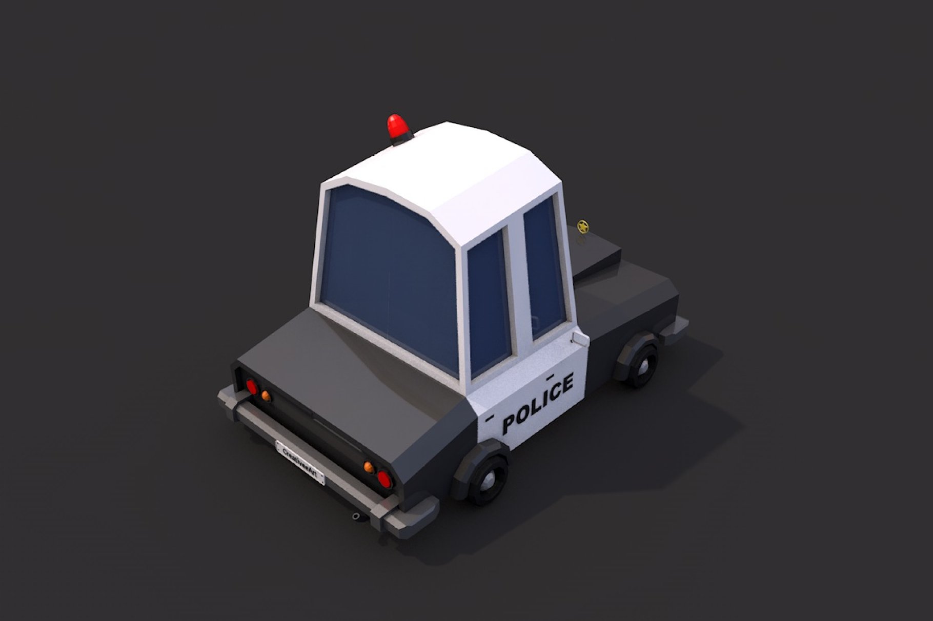 Back in right mockup of low poly police car on a dark gray background.