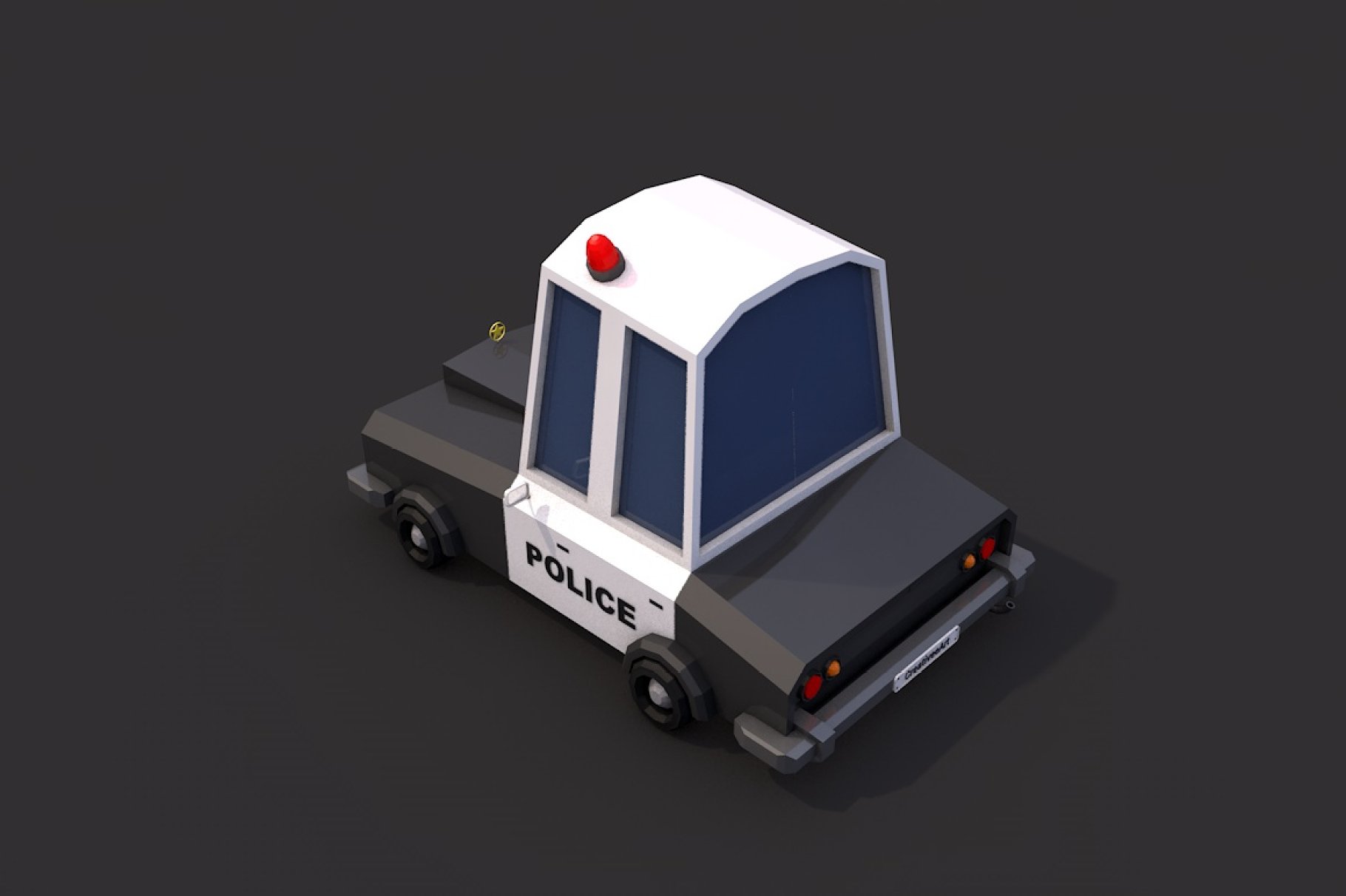 Low poly police car back mockup in left on a dark gray background.