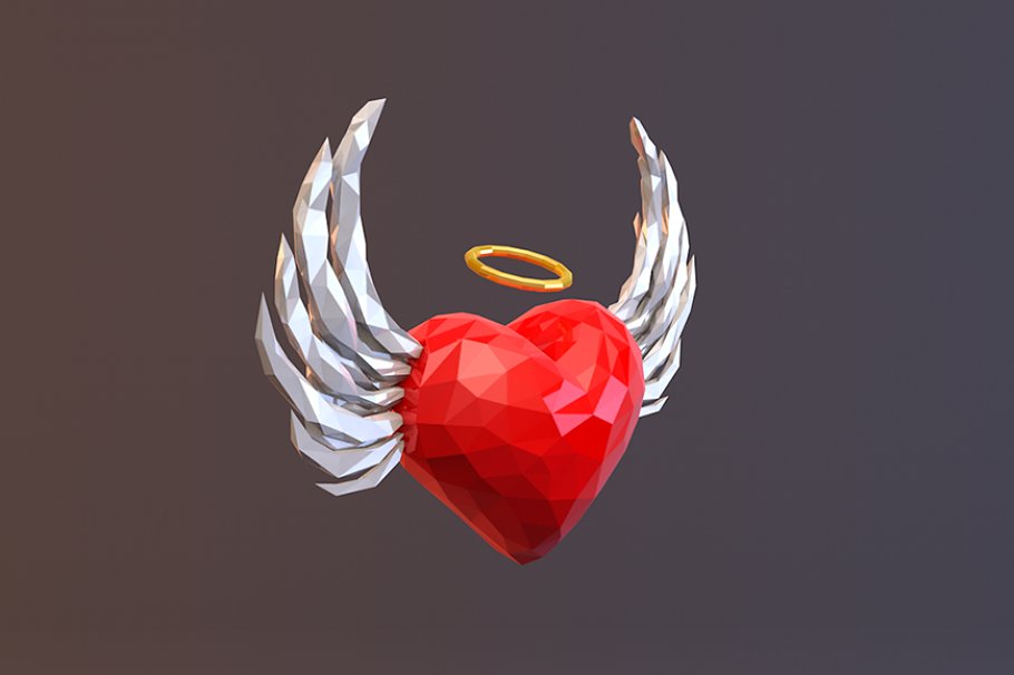 Red low poly angel heart mockup in the right side.