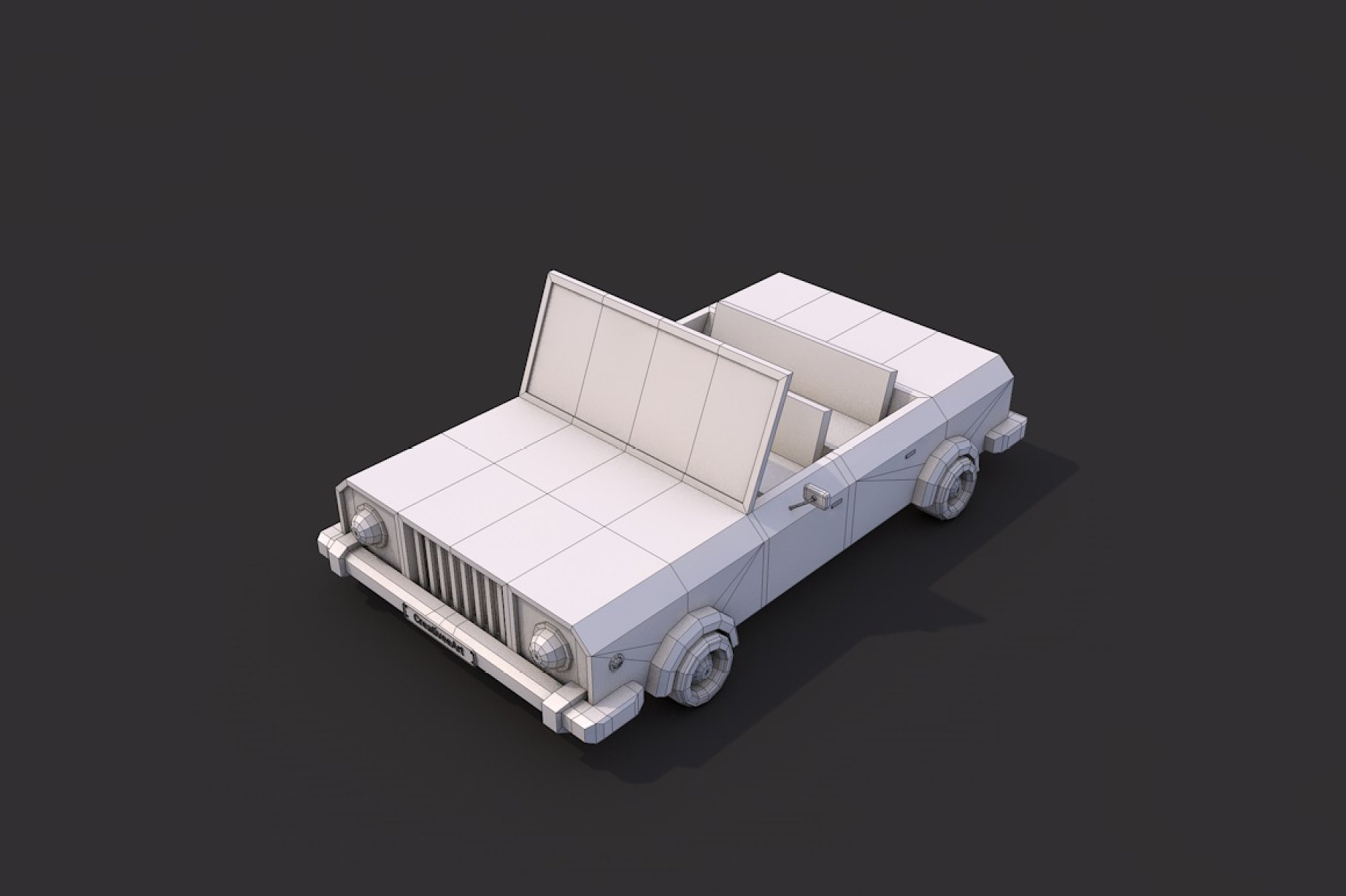 Gray mockup of low poly cabriolet in left on a dark gray background.