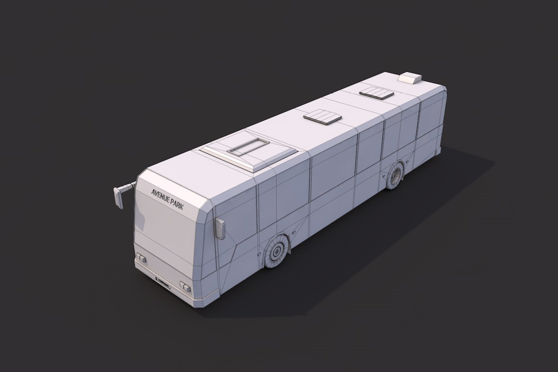 Graphic front left mockup of low poly city bus on a dark gray background.