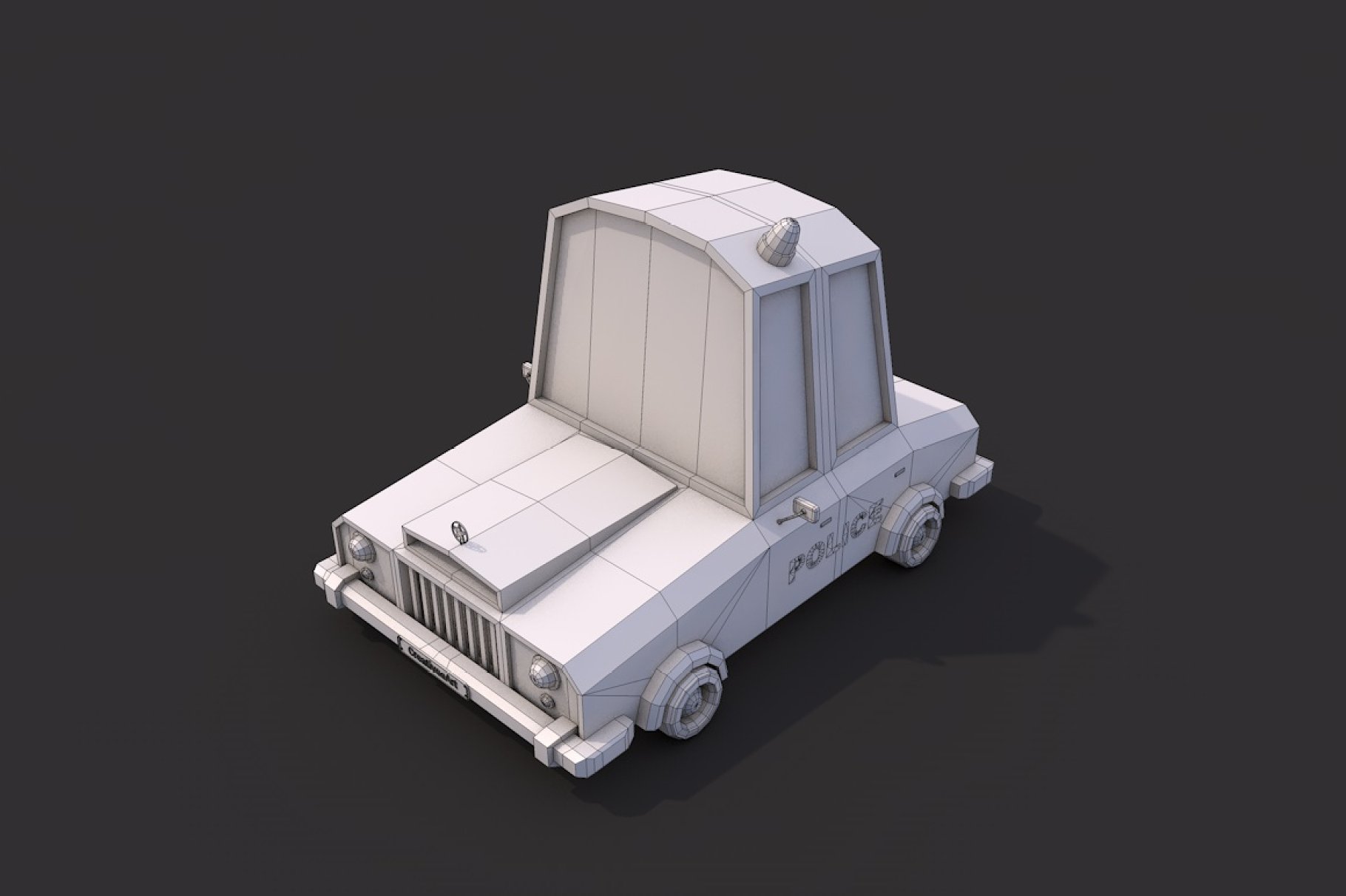 Gray front in left mockup of low poly police car on a dark gray background.