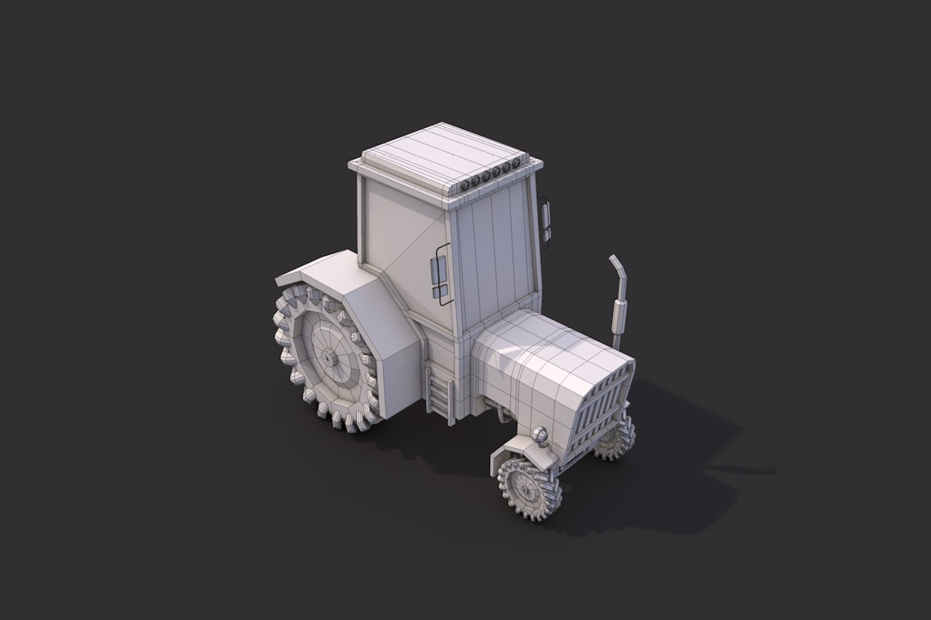Front gray mockup of low poly tractor on a dark gray background.