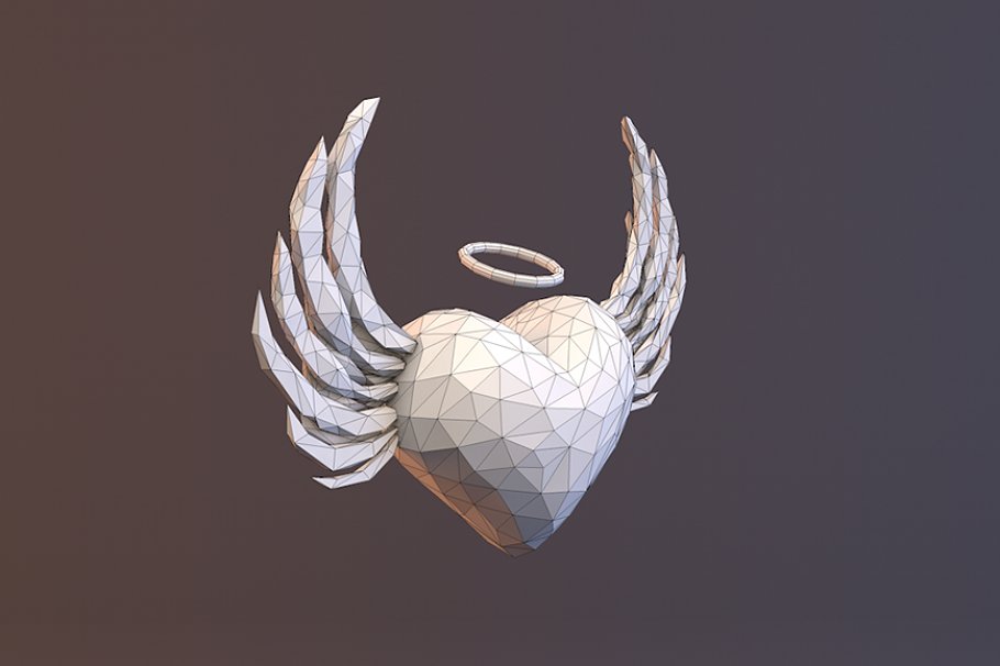 Gray low poly angel heart mockup on a dark gray background.