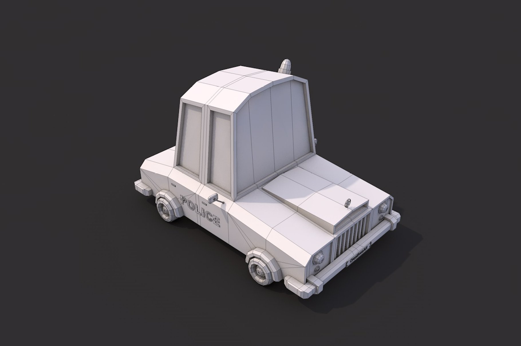 Low poly police car front gray mockup in right on a dark gray background.