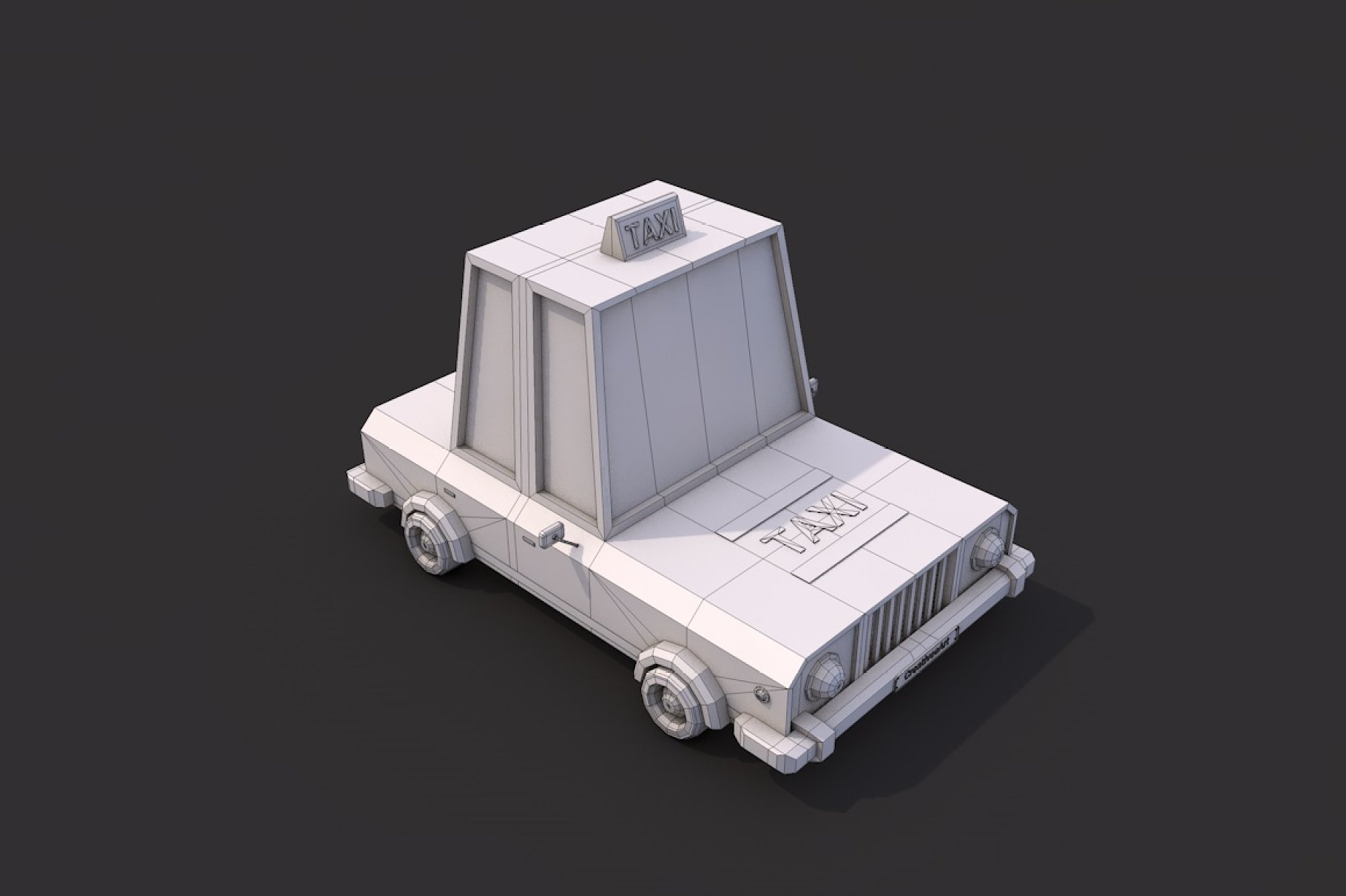 Low poly taxi car front right graphic mockup on a dark gray background.