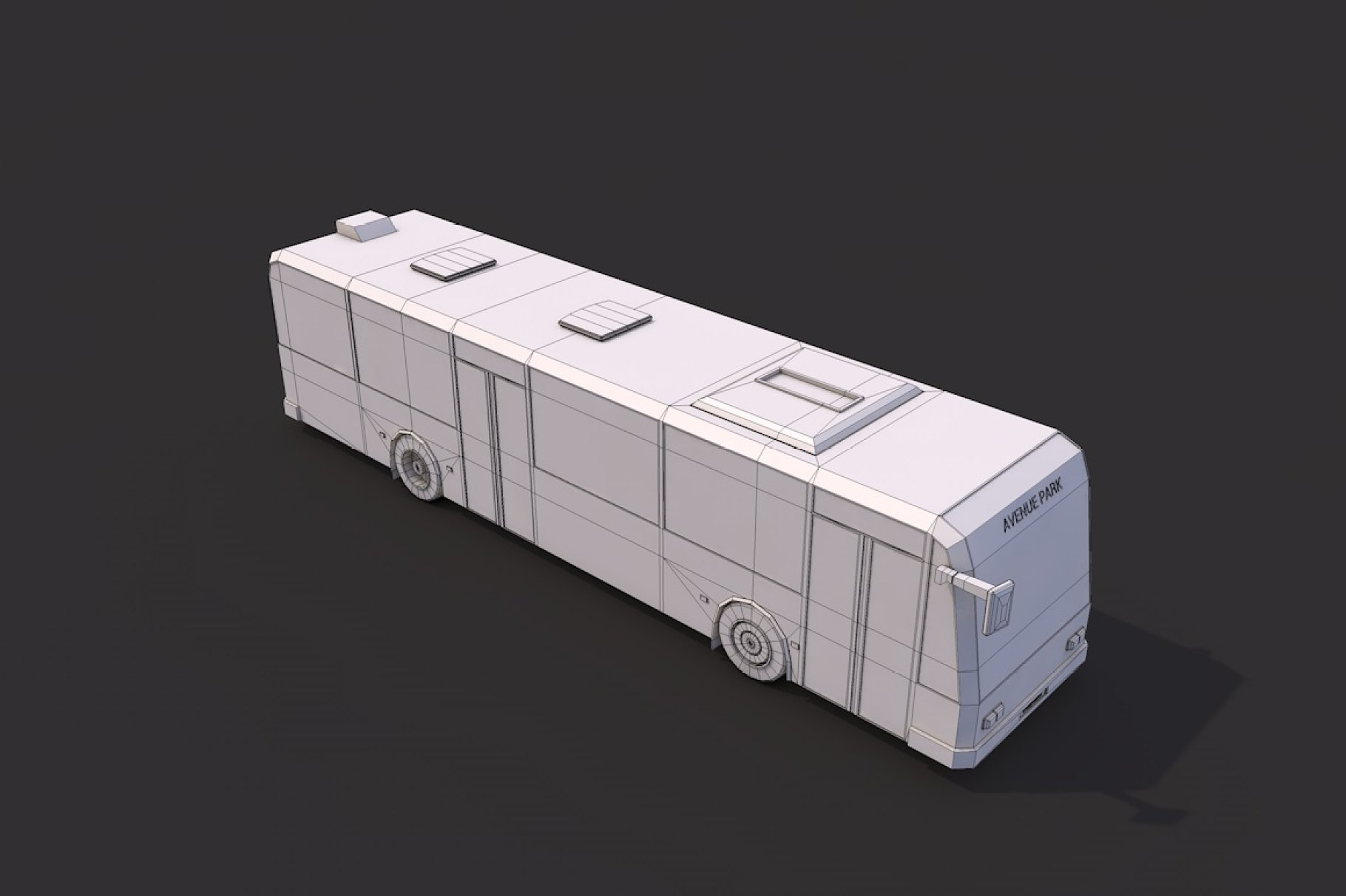 Grat low poly city bus front right mockup on a dark gray background.