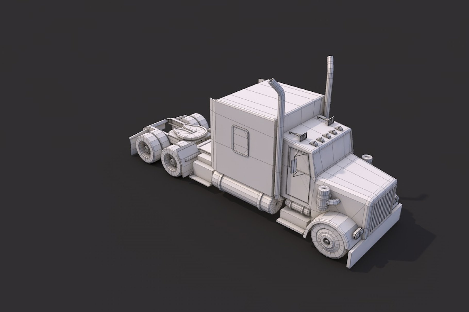 Gray low poly american heavy truck front right mockup on a dark gray background.