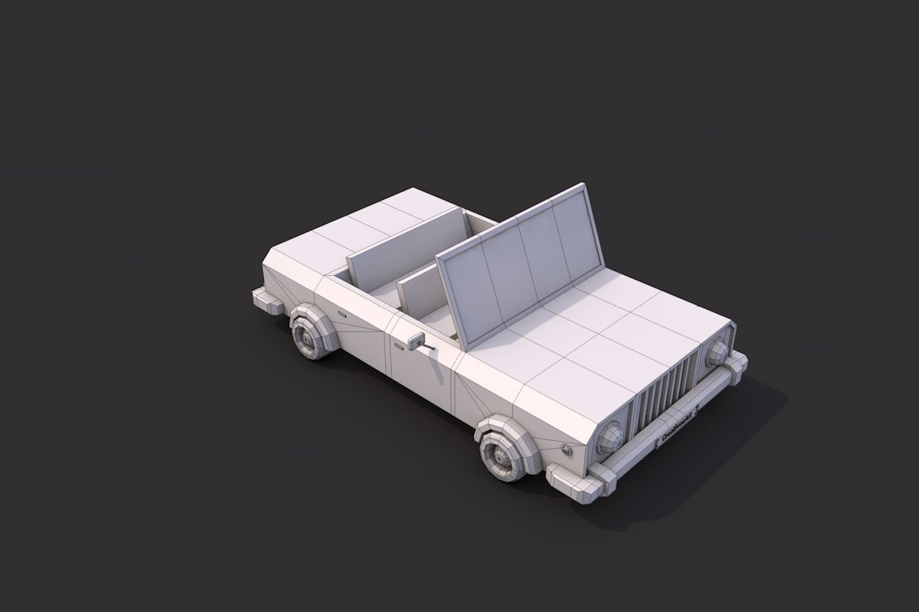 Gray low poly cabriolet in right on a dark gray background.