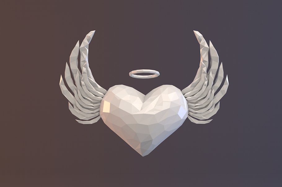 Front gray mockup of low poly angel heart.