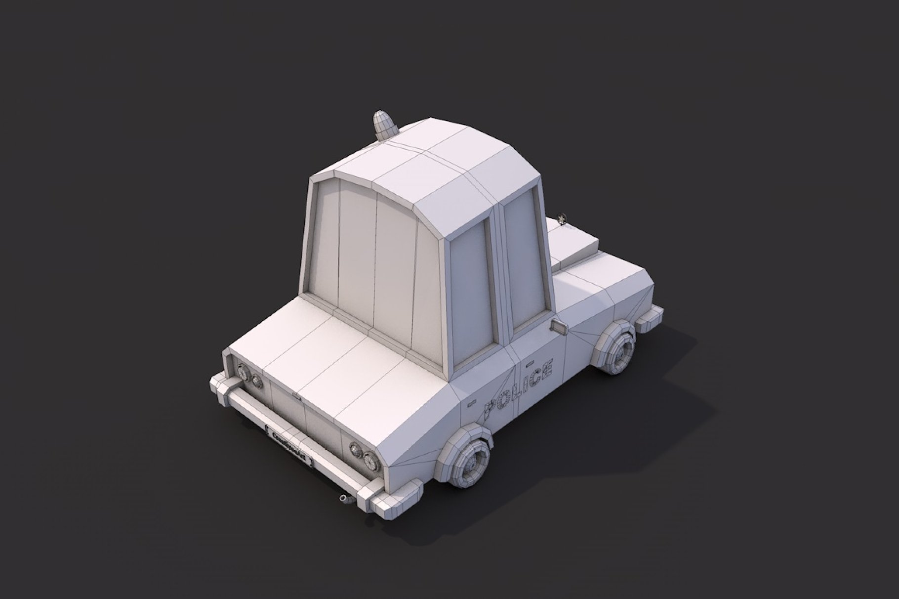 Gray back in right mockup of low poly police car on a dark gray background.