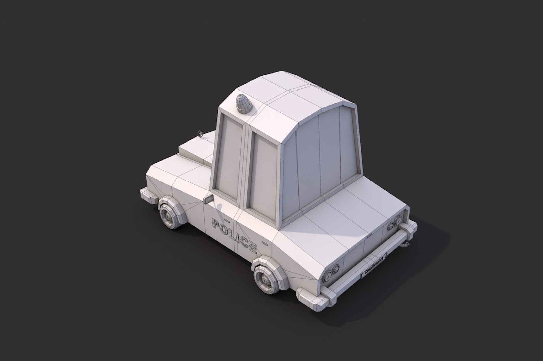 Graphic gray low poly police car back mockup in left on a dark gray background.