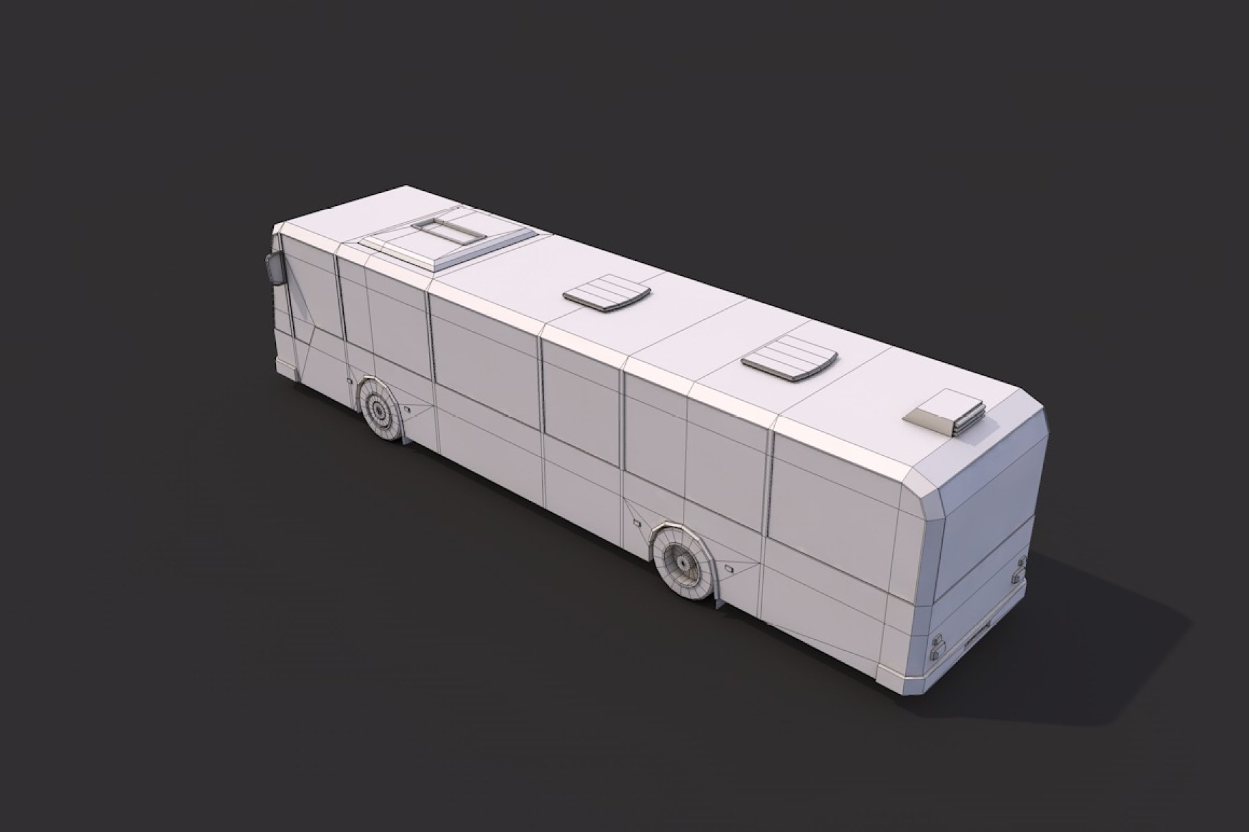Gray low poly city bus back left mockup on a dark gray background.