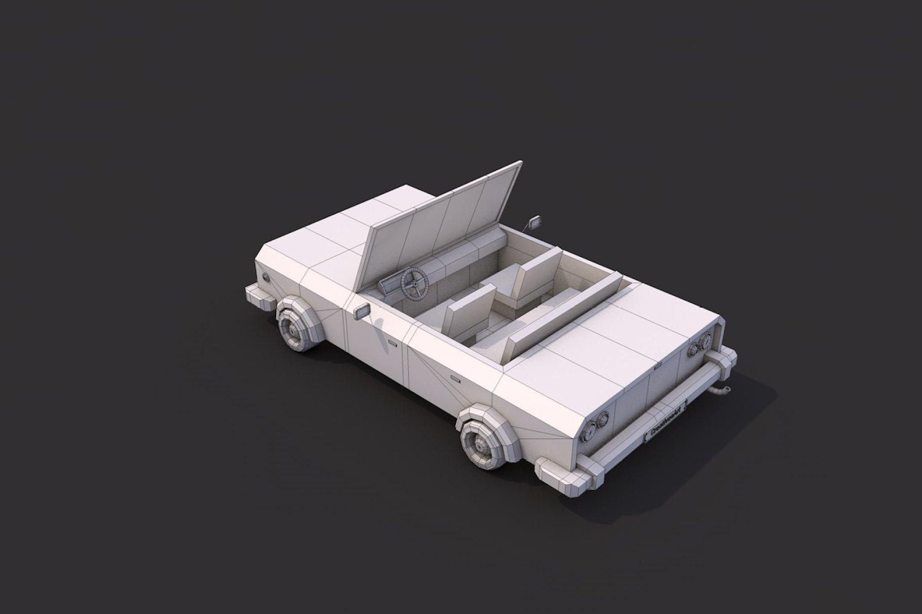 Gray low poly cabriolet in back left on a dark gray background.