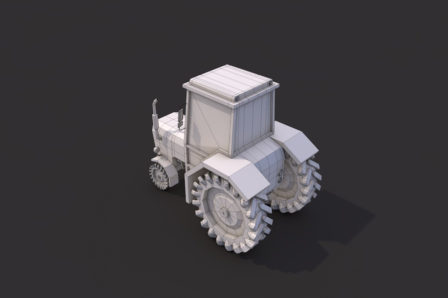 Gray low poly tractor back left mockup on a dark gray background.