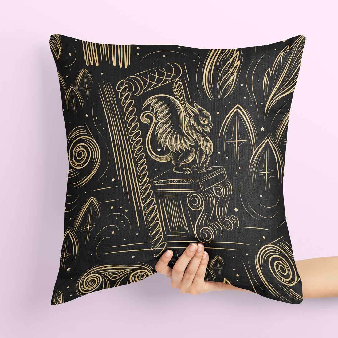 Image of a pillow with unique black and gold patterns.