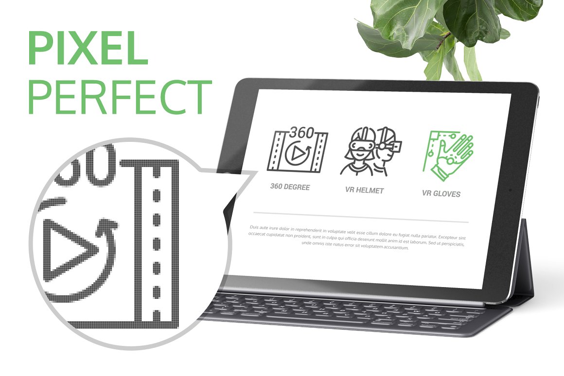 Mockup of ipad with keyboard with 3 black and green icons and green lettering "Pixel Perfect" on a white background.