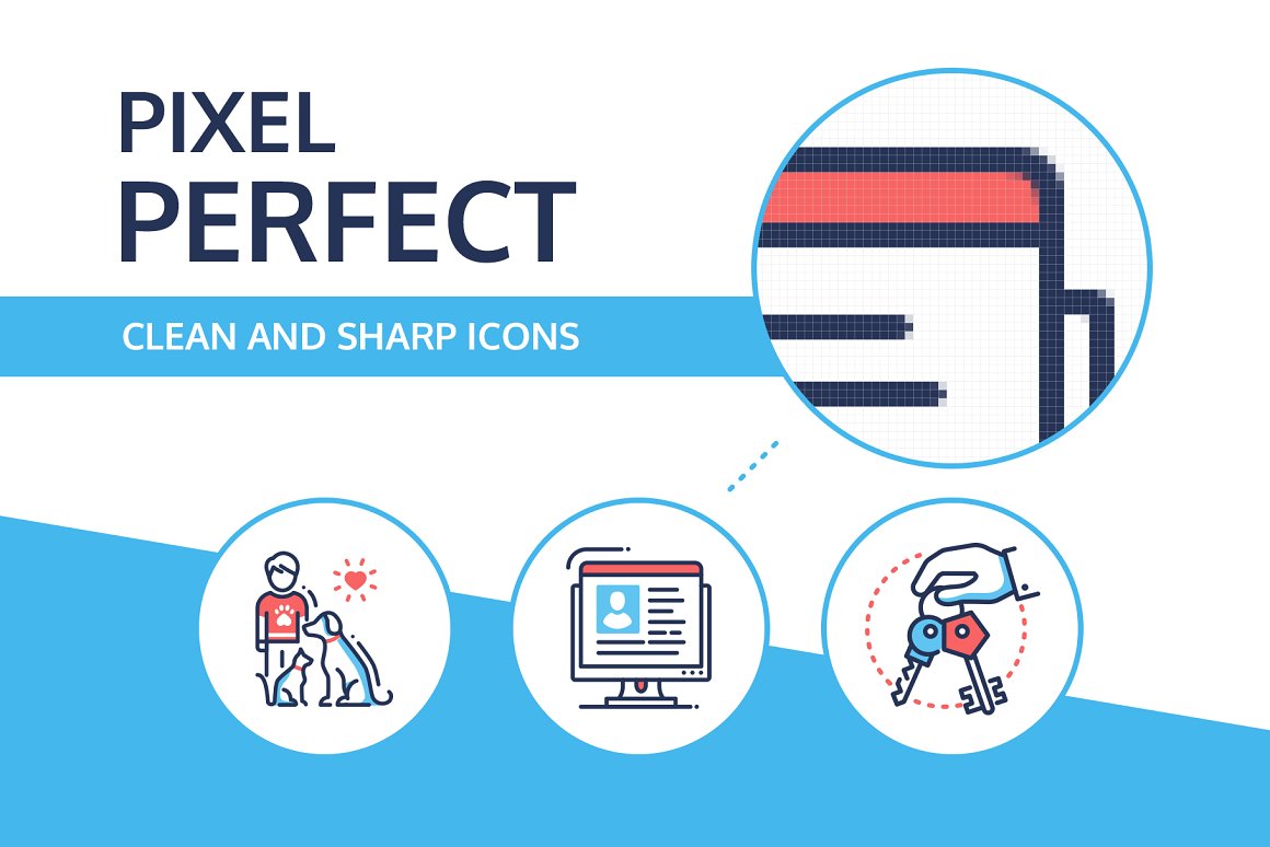 Lettering "Pixel Perfect" on a white background and icon in close-up.