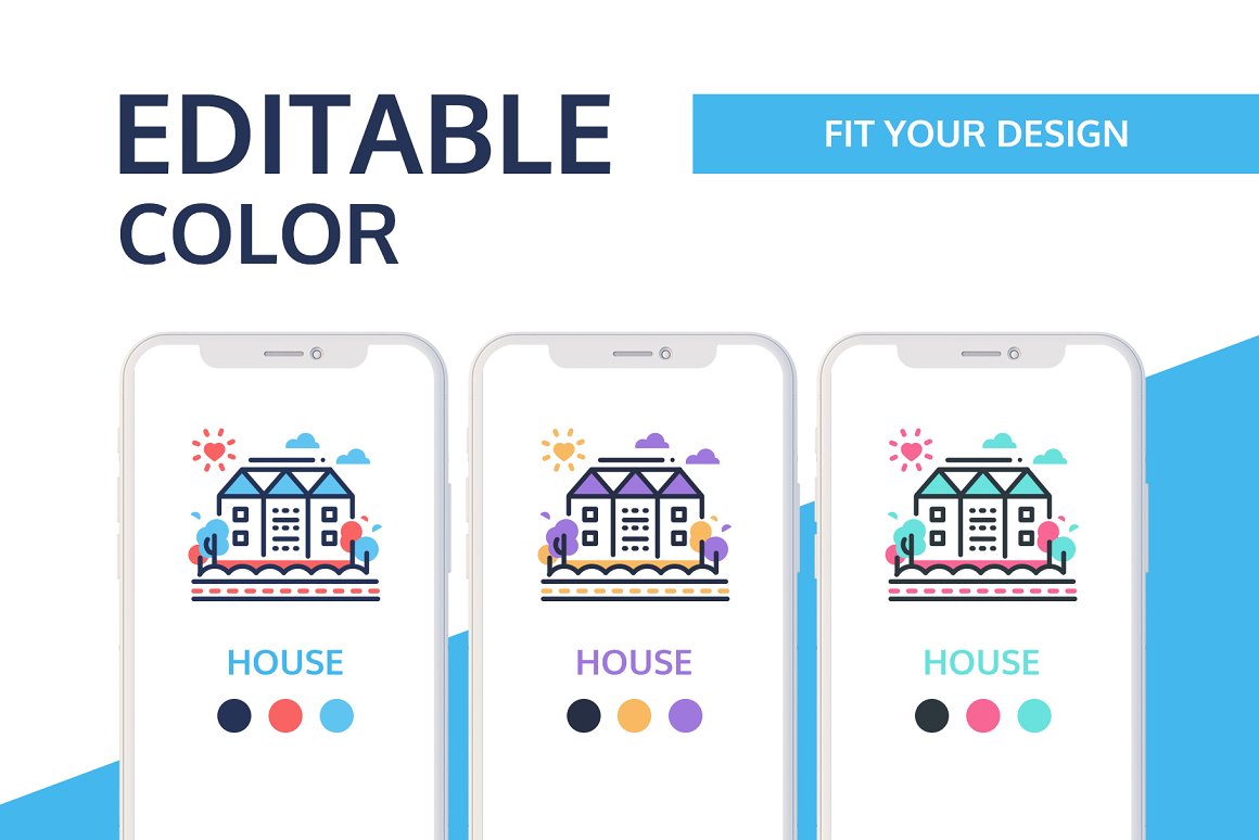 3 mockups of iphone with icon of house in different colors and lettering "Editable color" on a white and blue background.
