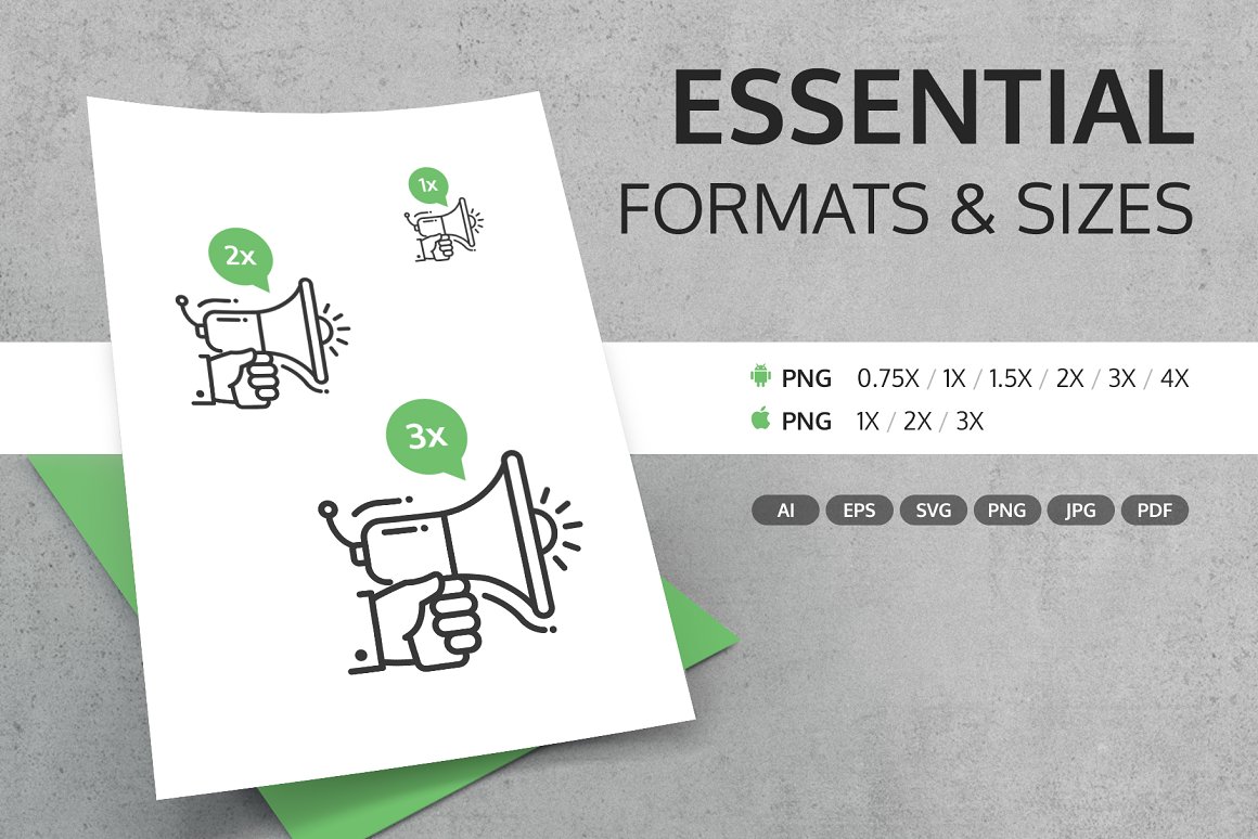 White sheet with icon in 1x, 2x and 3x sizes and lettering "Essential Formats & Sizes" on a gray background.