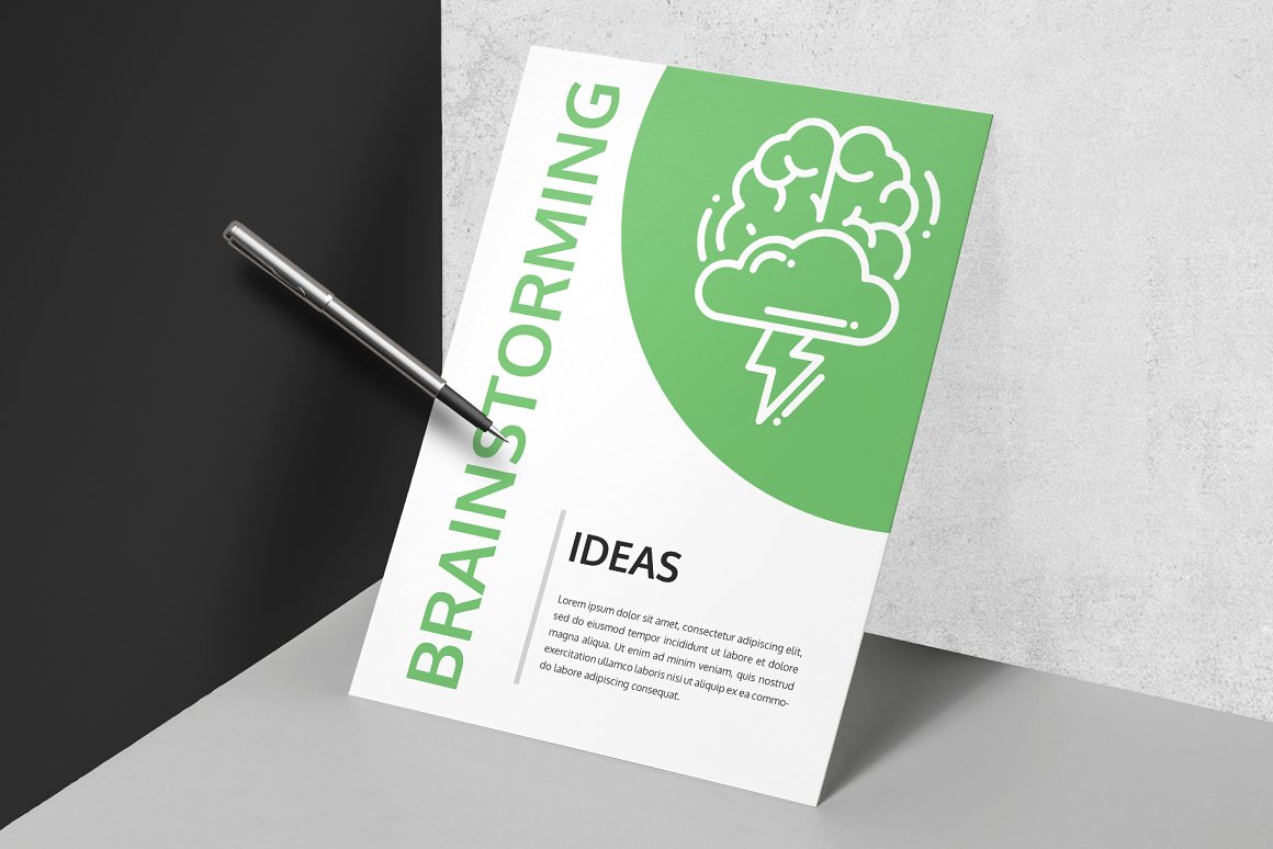 Postcard with green lettering "Brainstorming", white icon and text section on a white and green background.
