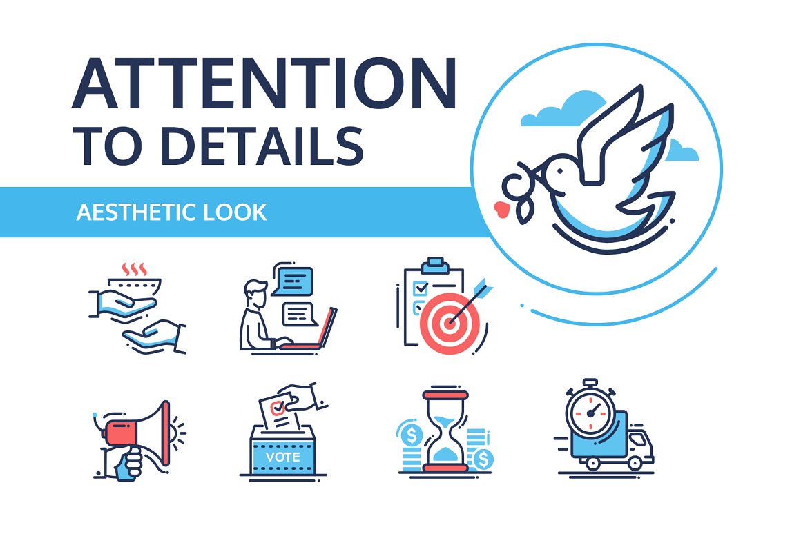 Lettering "Attention to details" and 7 icons on a white background.