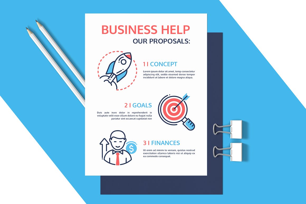 Postcars with red lettering "Business help" and 3 points - concept, goals and finances with icons for them.