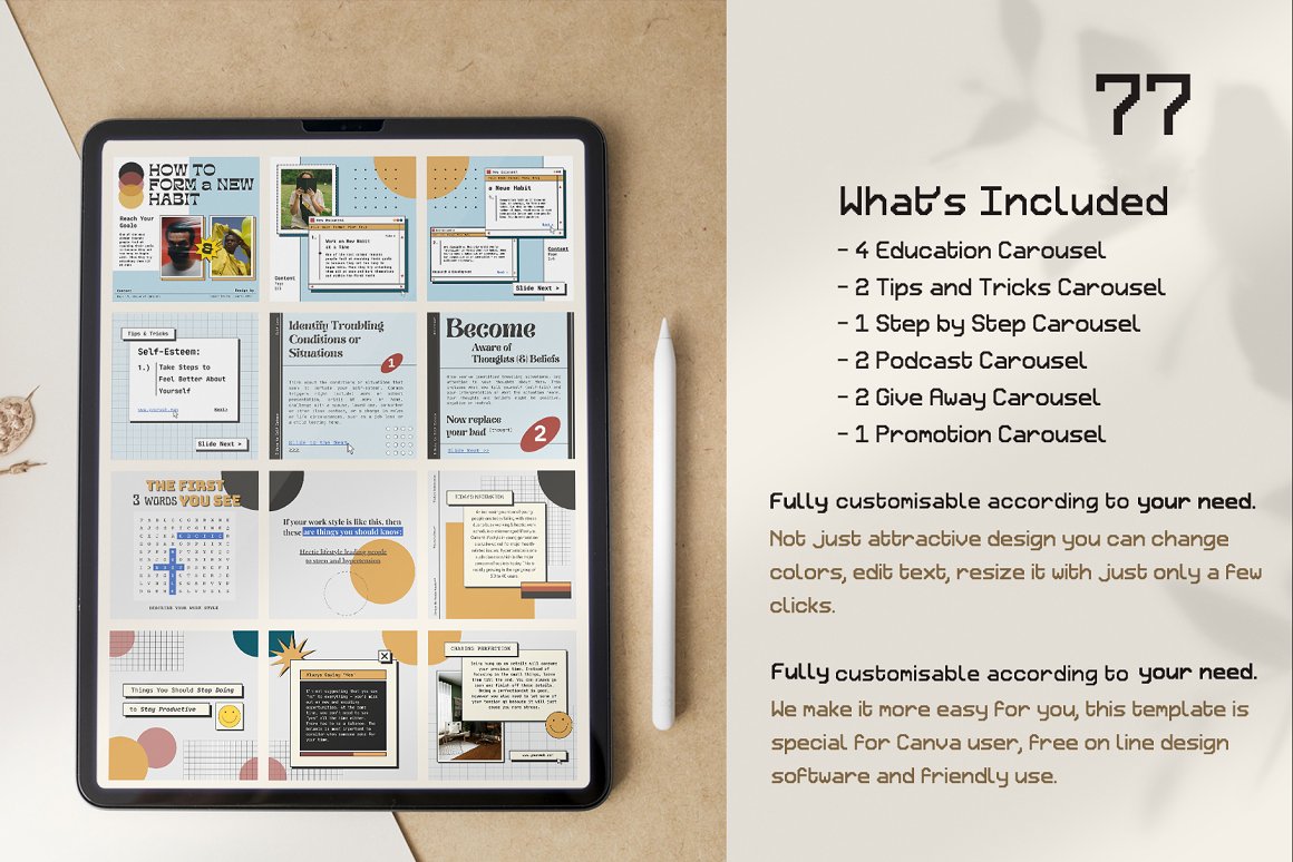 Ipad mockup and bulleted list with text sections.
