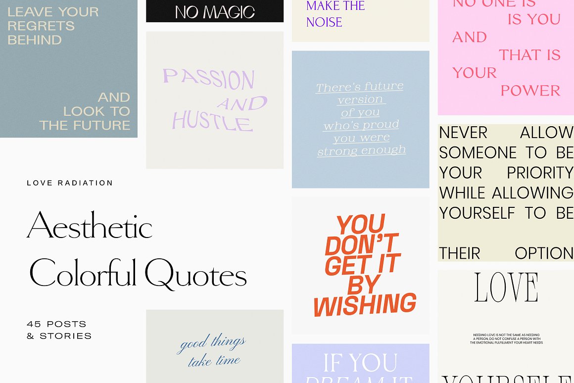 Aesthetic colorful quotes templates on a gray background.