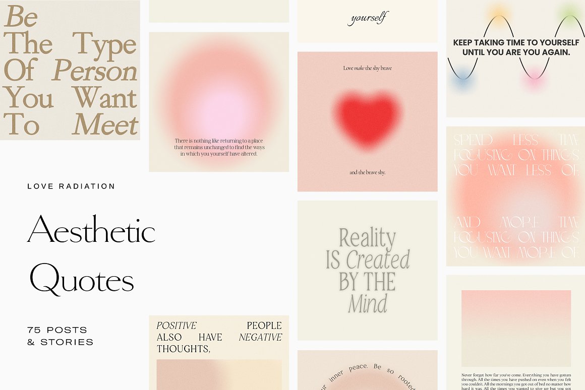 75 post and stories of aesthetic quotes templates on a gray background.