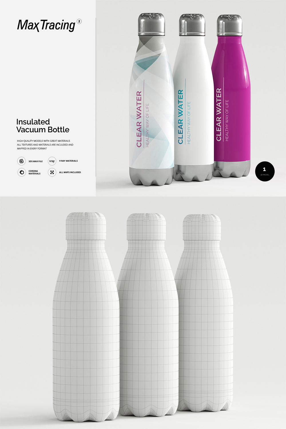 A set of images of an enchanting 3d model of bottles