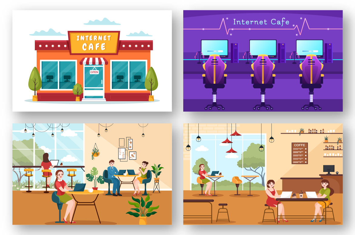 Cartoon Internet Cafe Illustration preview image.