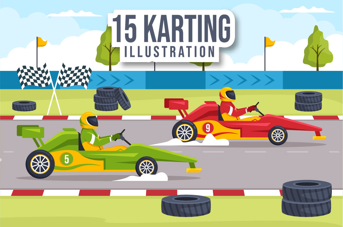 Colorful karting illustrations set.