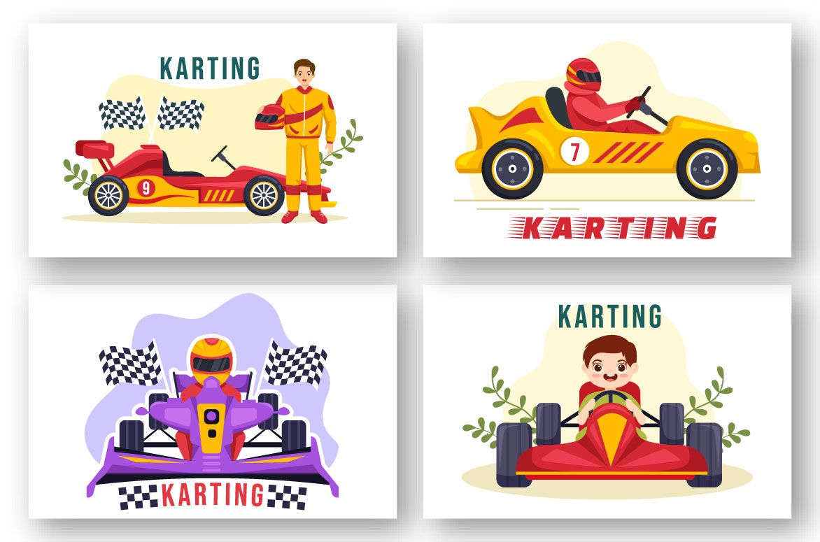 Four high quality cartoon Karting illustrations.