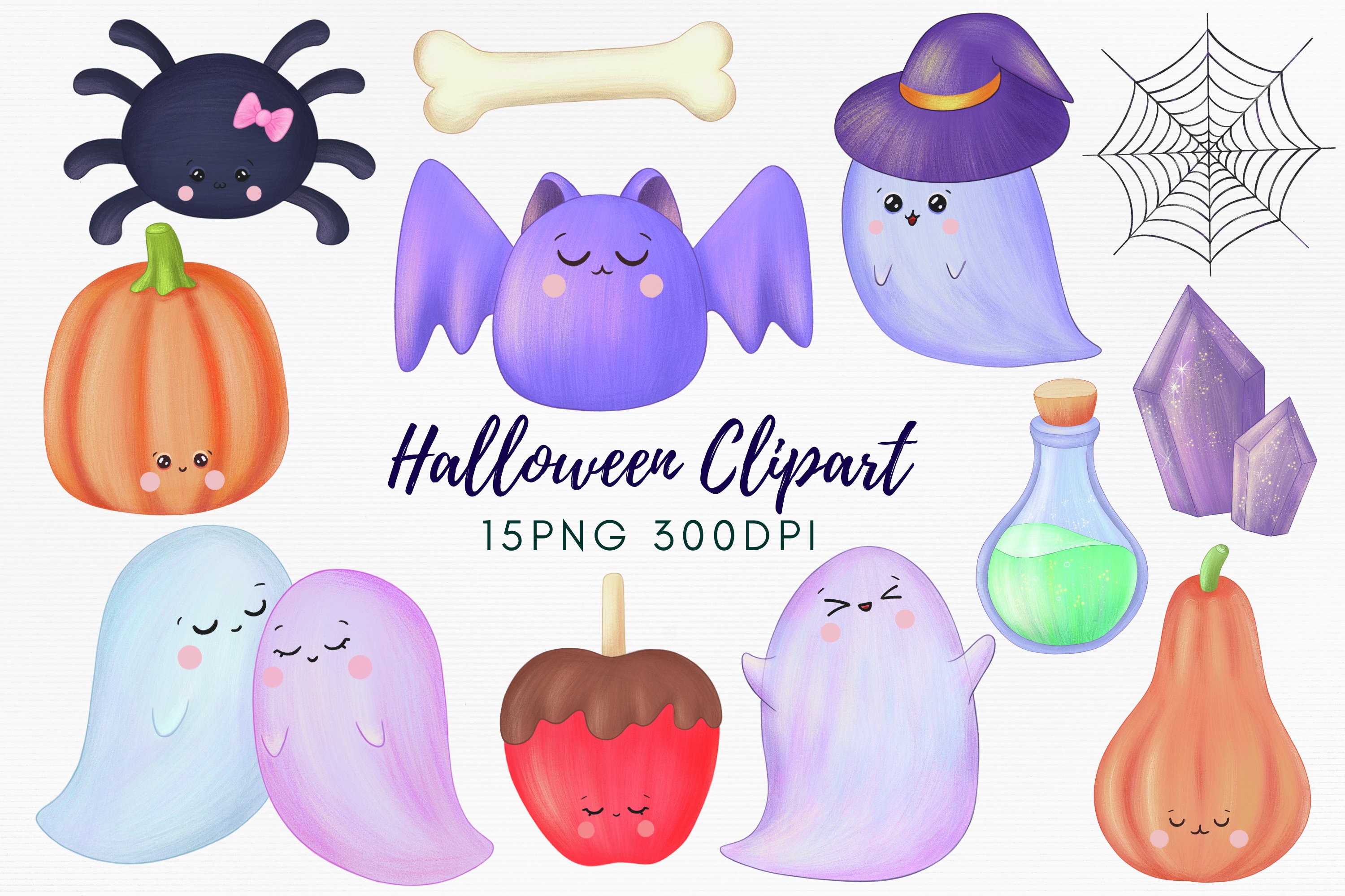 Purple lettering "Halloween Clipart" and different kawaii halloween illustrations on a gray background.
