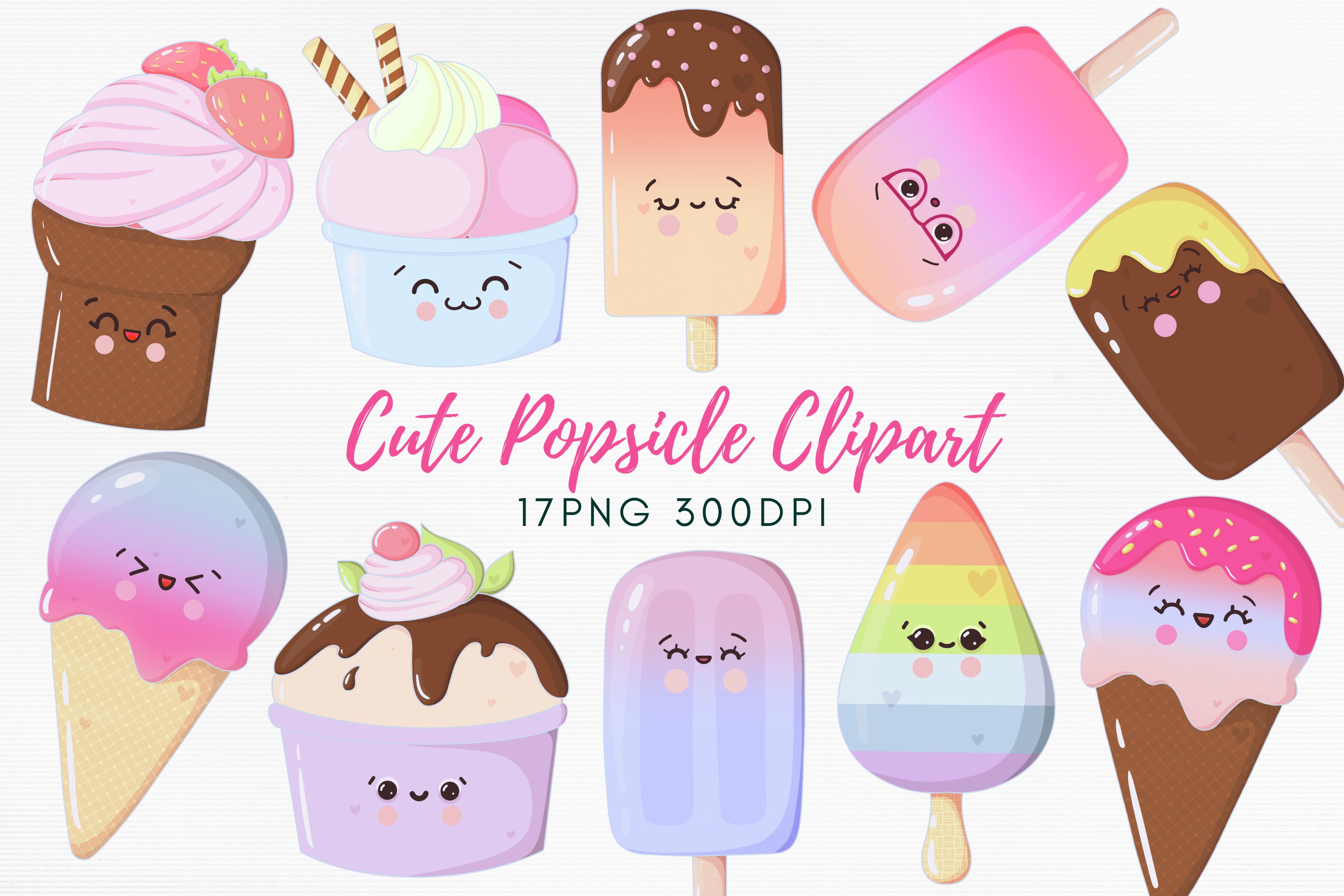 Pink lettering "Cute Popsicle CLipart" and different illustrations on a gray background.