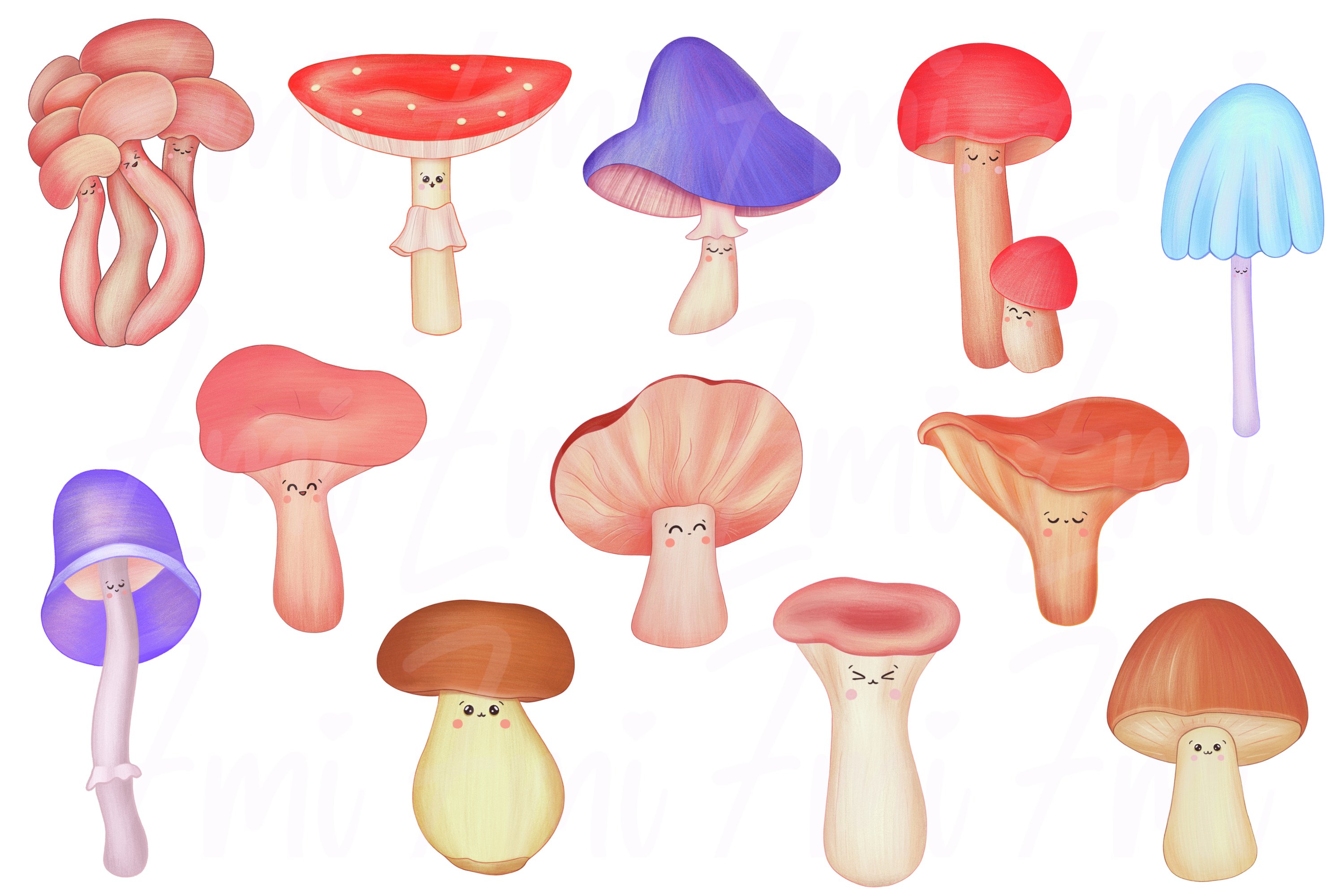 Kawaii bundle of different colorful mushrooms on a white background.